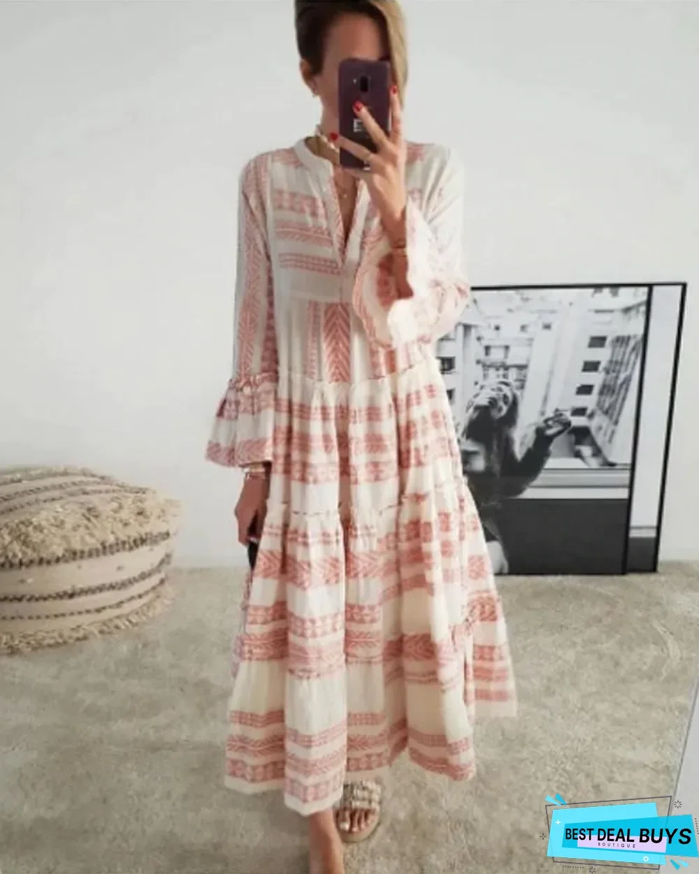 Women's Swing Dress Maxi Long Dress - 3/4 Length Sleeve Geometric Print Spring Summer Casual Vacation Dresses Flare Cuff Sleeve Red Gray