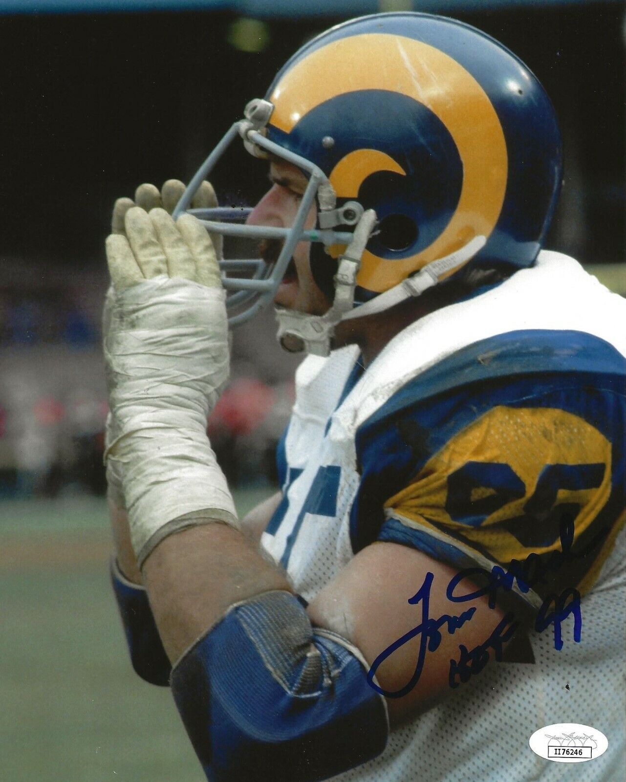 Tom Mack signed Los Angeles Rams 8x10 Photo Poster painting autographed W/ HOF Inscription 2 JSA