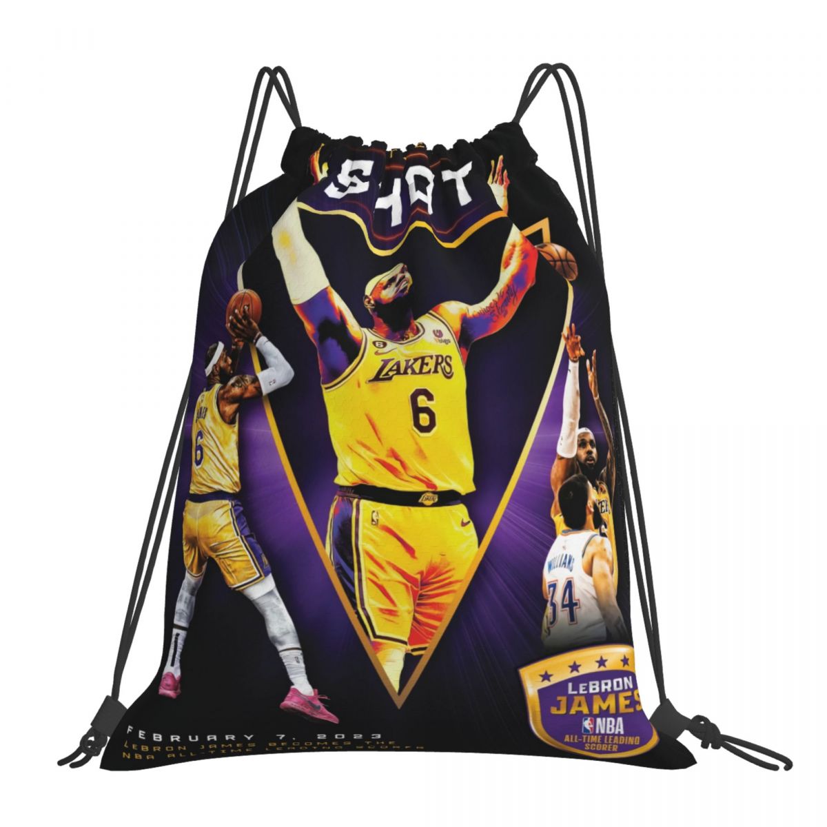 Los Angeles Lakers LeBron James 2023 All-Time Scoring Leader Waterproof Adjustable Lightweight Gym Drawstring Bag