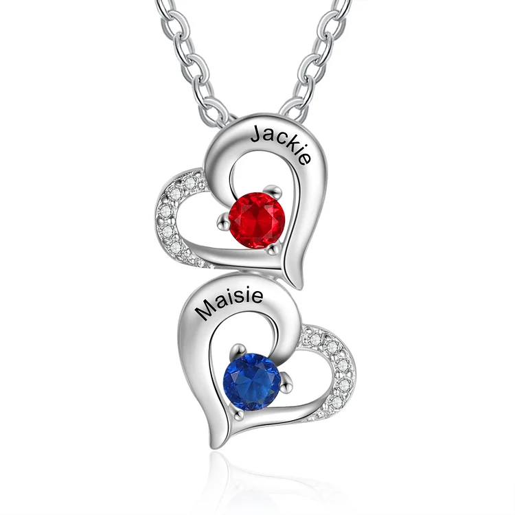 Personalized Heart Birthstone Necklace Custom 2 Names for Family