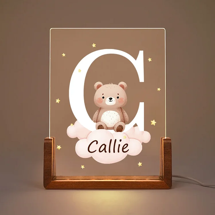 Personalized Cute Forest Animal Acrylic Cloud Star LED Night Light with Wooden Base Name and Initial Birthday Children's Day Gift for Boys Girls