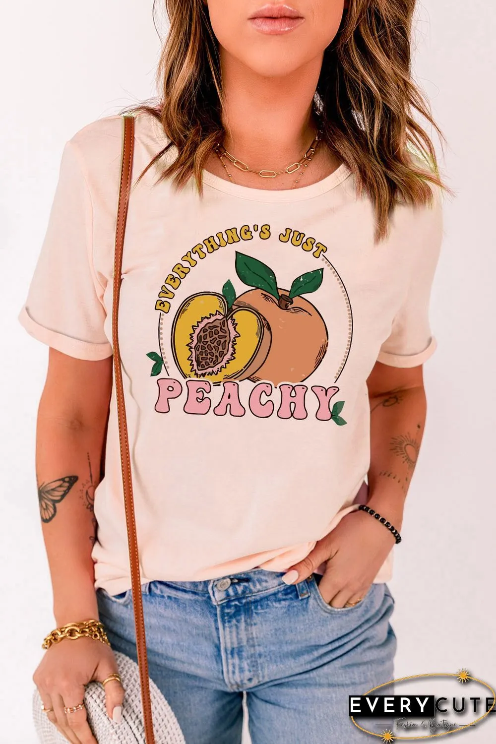 Pink PEACHY Letter Graphic Print Short Sleeve T Shirt