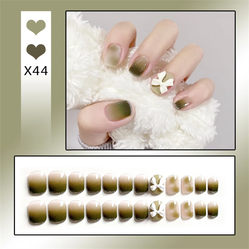 Bayuyun 24Pcs/Set Coffee Leopard French Fake Nails with Diamonds Japan Korean Artificial Acrylic Press on Nails Removable Stick on Nails