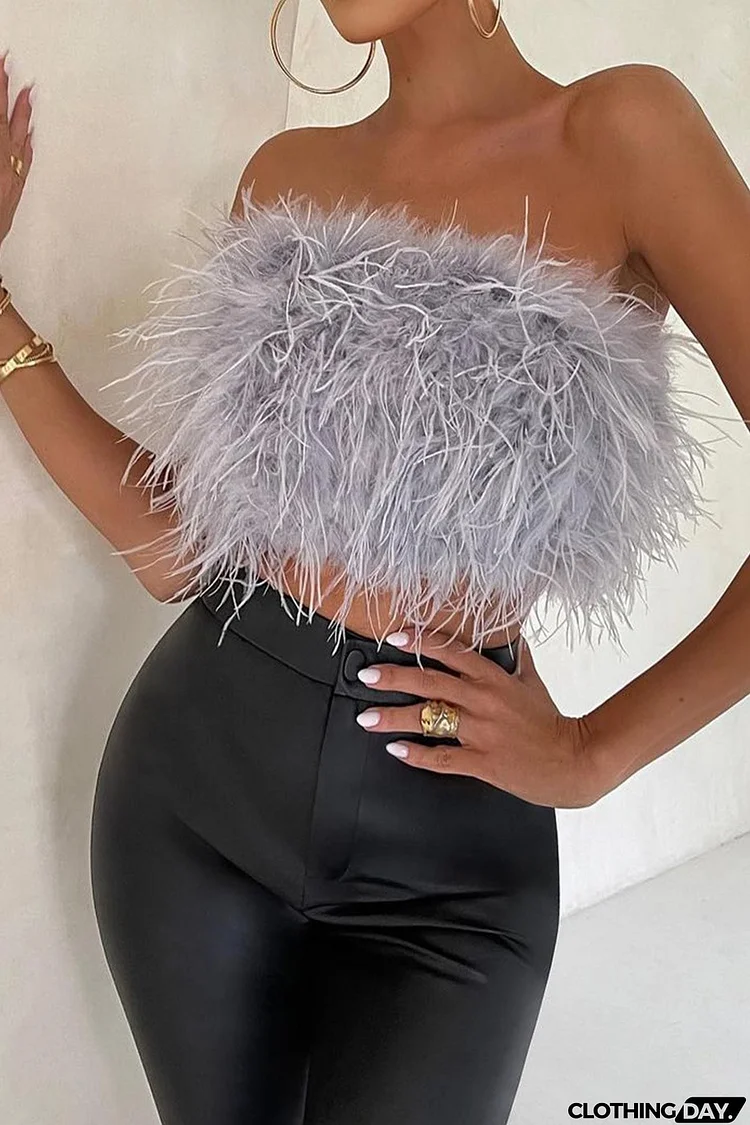 Solid Fuzzy Strapless Crop Top