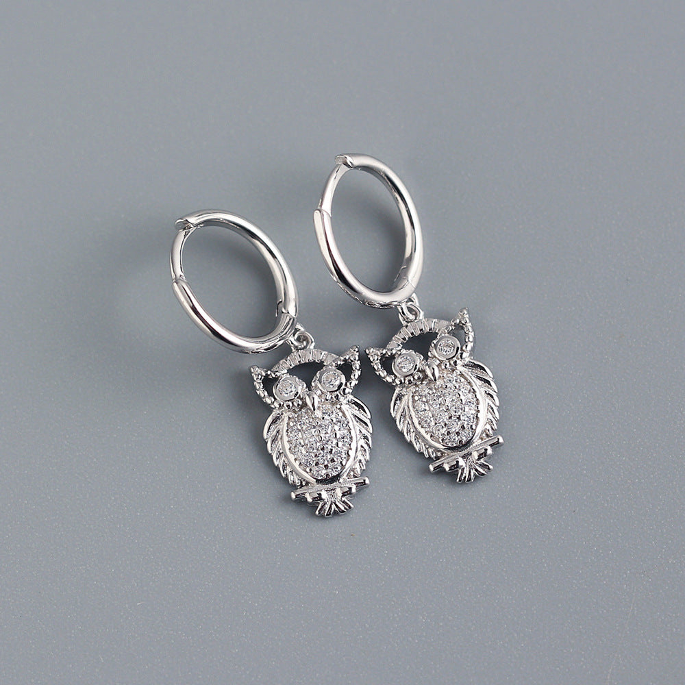 925 Sterling Silver Niche Owl Chinese Zodiac Animal Silver Diamond Inlay Stud Earrings