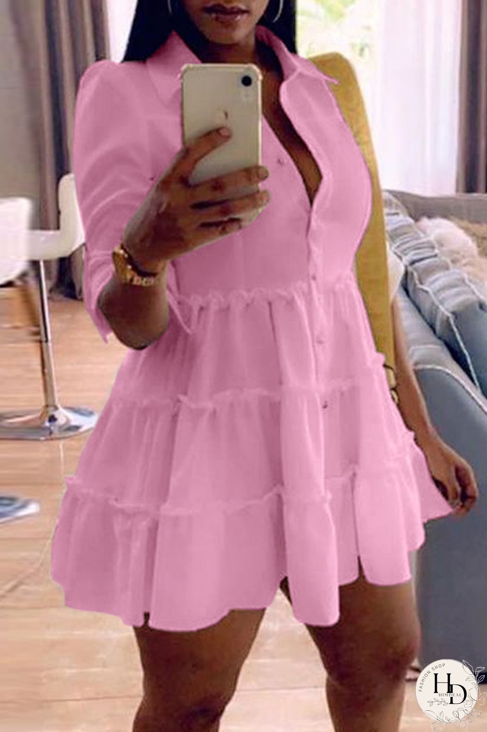 Rose Red Fashion Casual Solid Turndown Collar Shirt Dress