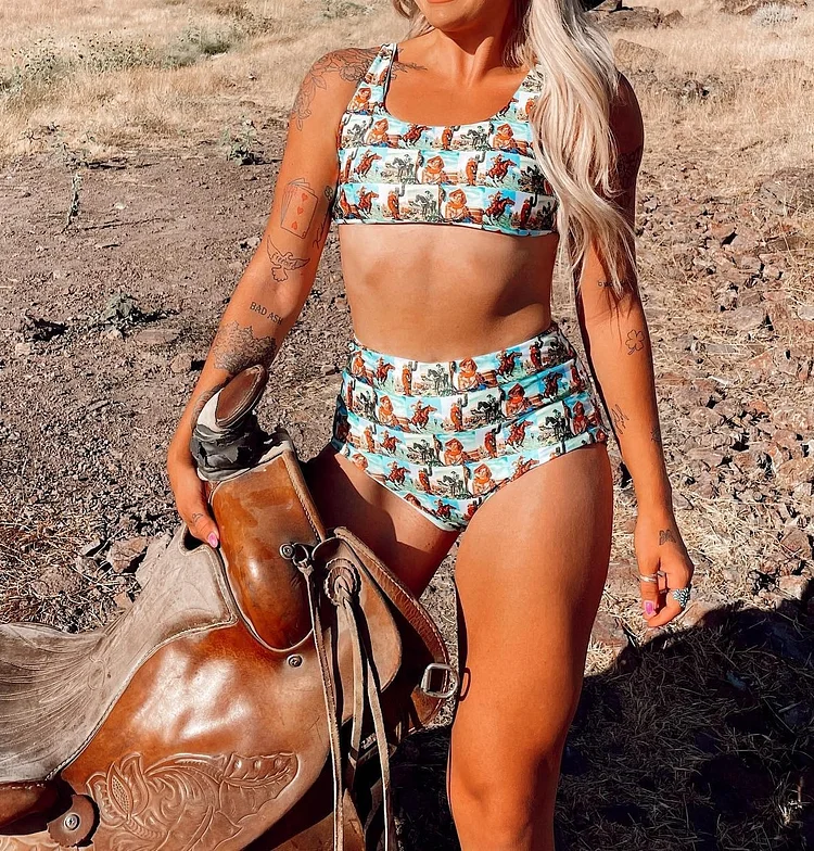 Vintage Western High Waisted Swimsuit Set