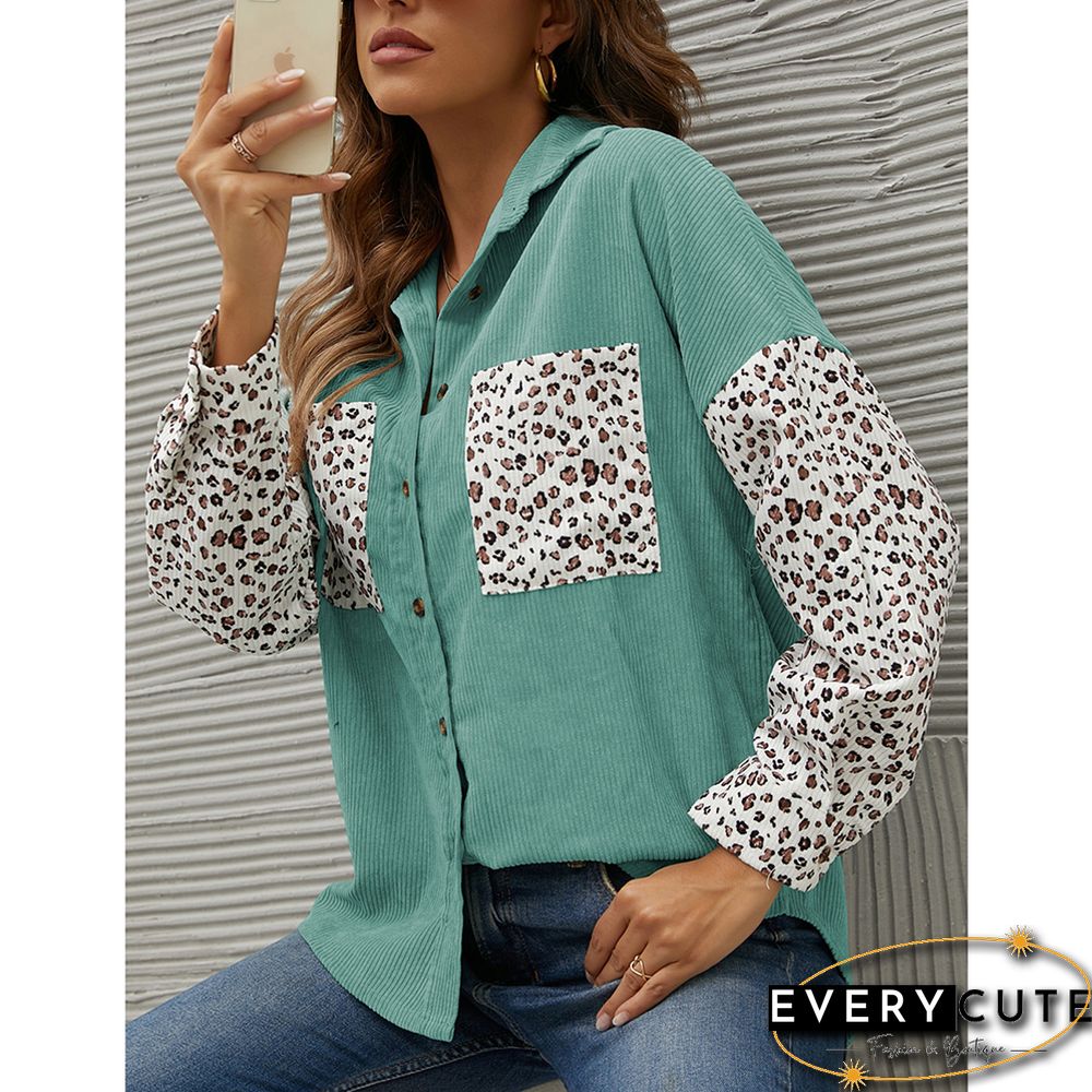Green Contrast Leopard Corduroy Button Down Shirt