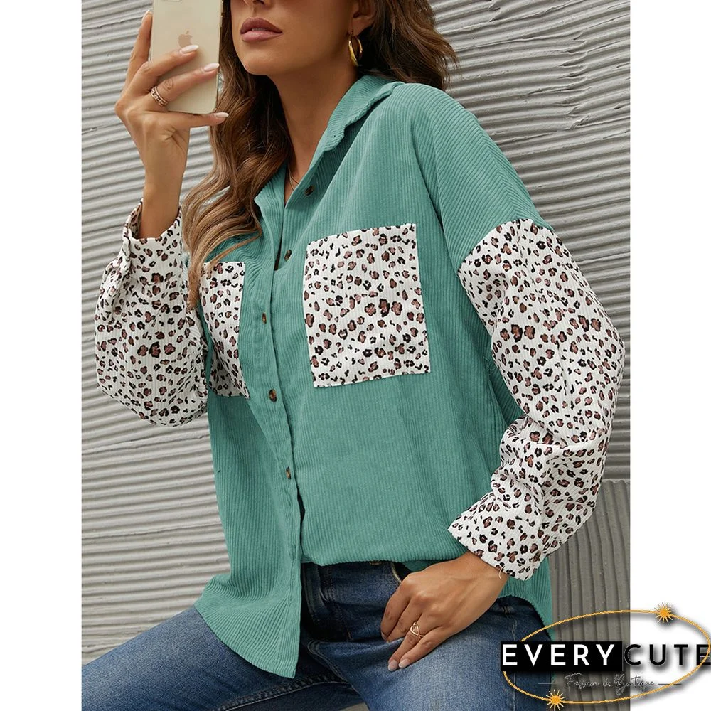 Green Contrast Leopard Corduroy Button Down Shirt