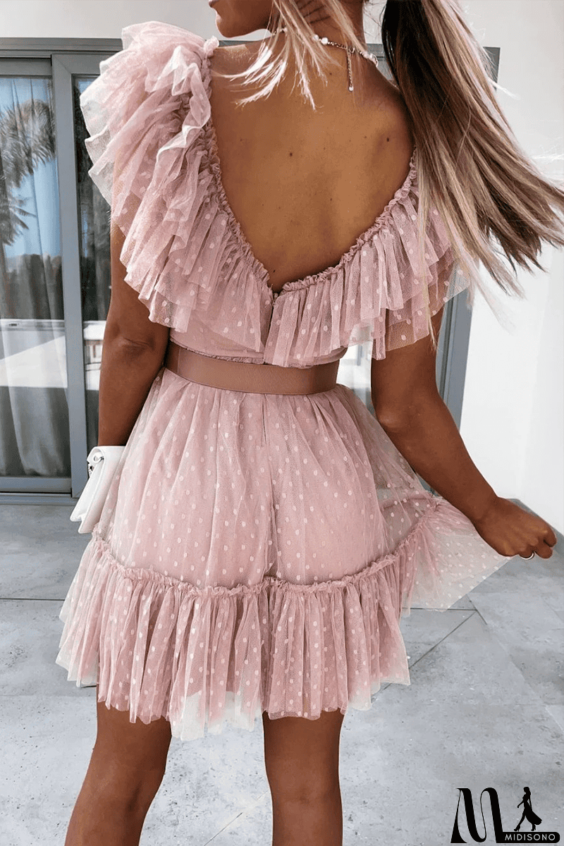 MidiSono - Dot Mesh V Neck Cake Skirt Dresses