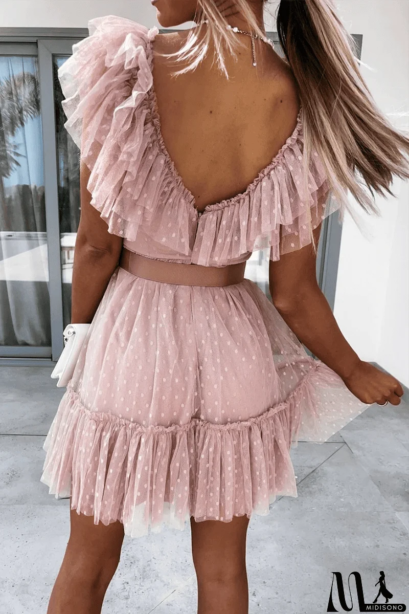 MidiSono - Dot Mesh V Neck Cake Skirt Dresses