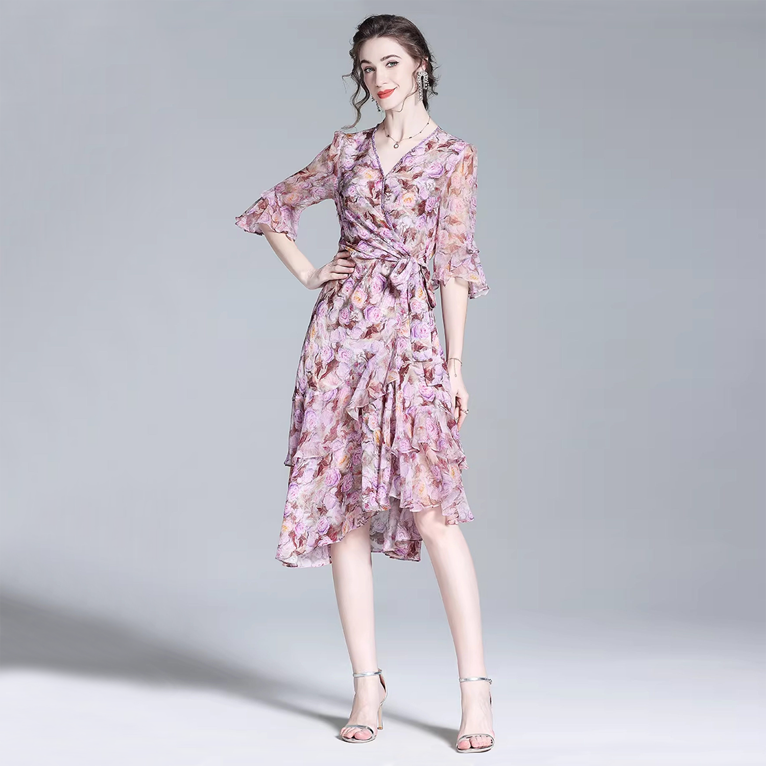  100 Silk Dress Ruffle V Neck Vacation Style REAL SILK LIFE