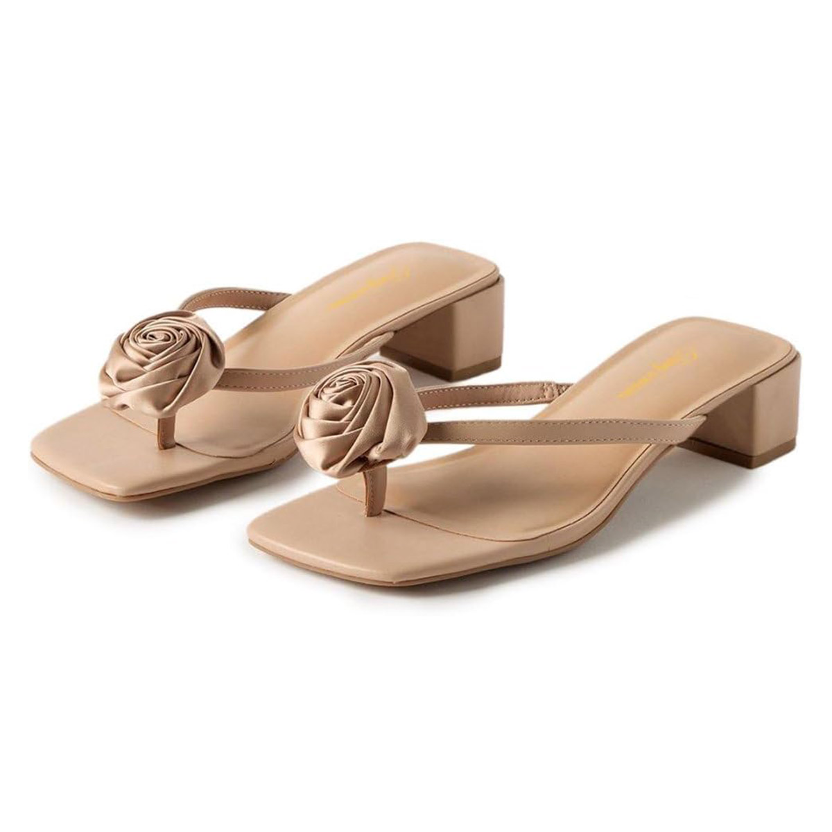 Nude Square Toe Block Heel Flip Flop Mules Sandals with Flower Nicepairs