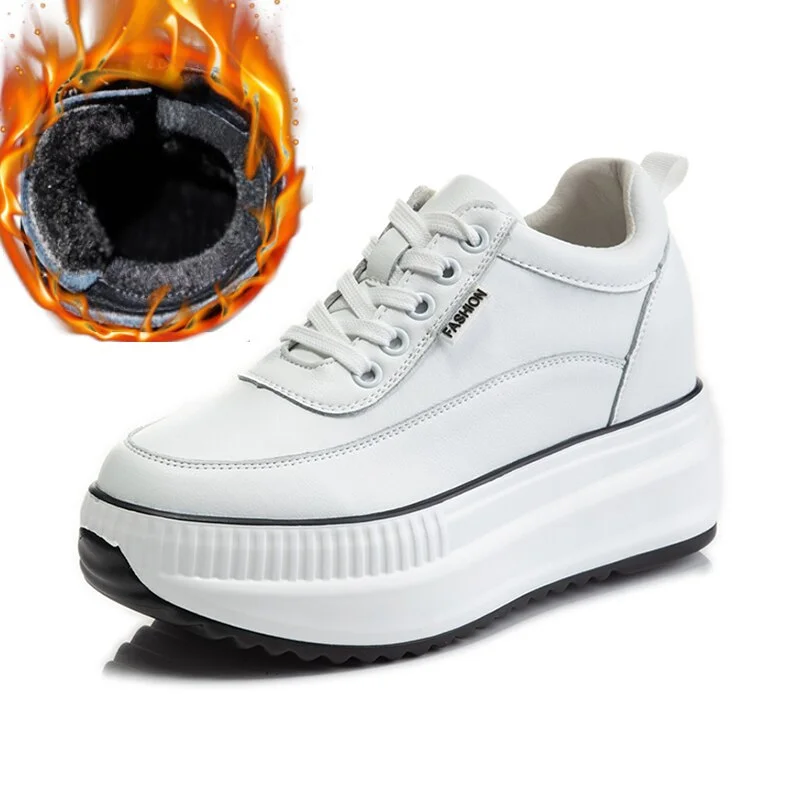 Fujin Dad Shoes Chunky Sneakers Wedge Heel Platform White Autumn Winter Shoes Casual Shoes Sneakers Vulcanized Shoes Warm Fur