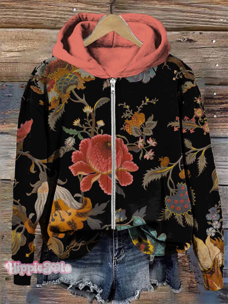 Retro Gorgeous Flowers Print Casual Zip Hoodie Sweatshirt Multicolor / S