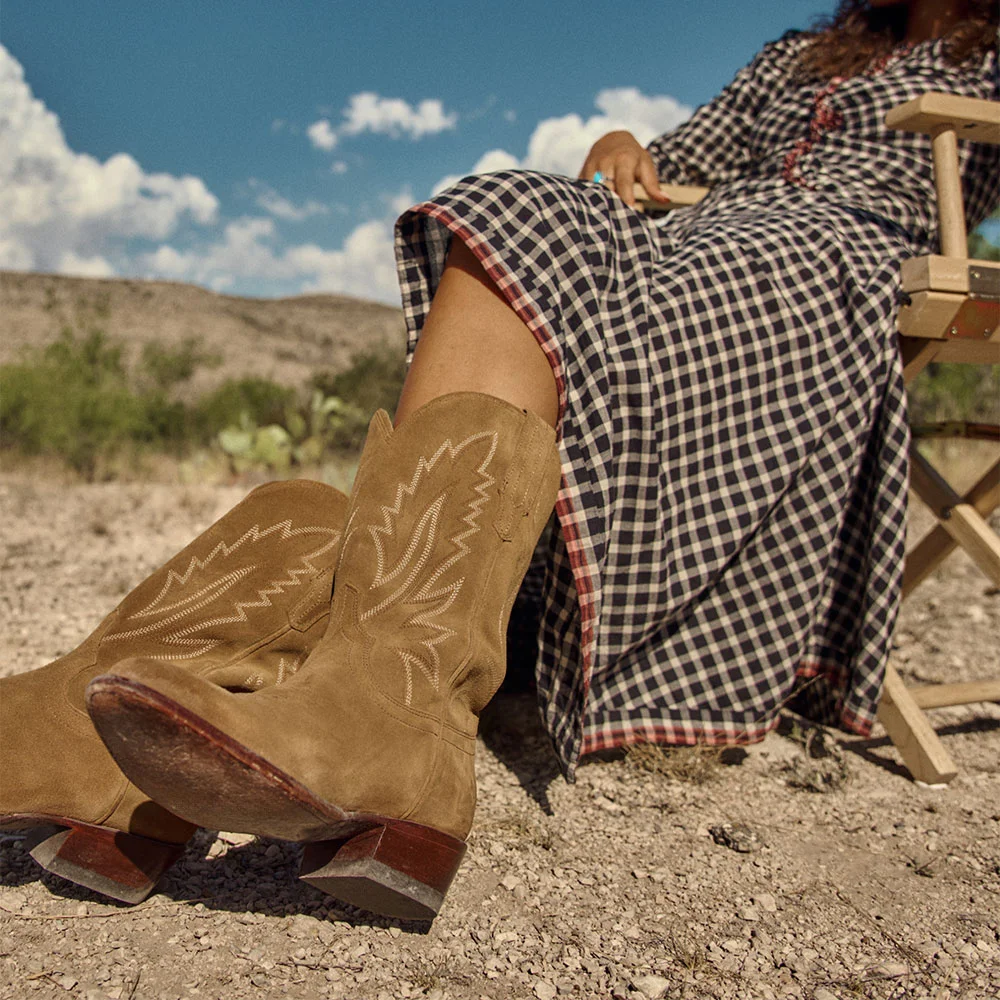 Vegan Suede Chunky Low Heel Mid Calf Stitching Cowgirl Boots in Tan