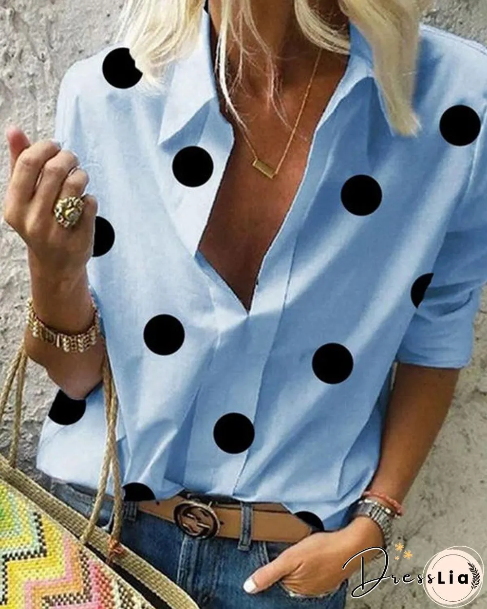 Polka Dot A Lapel Long Sleeve Blouse