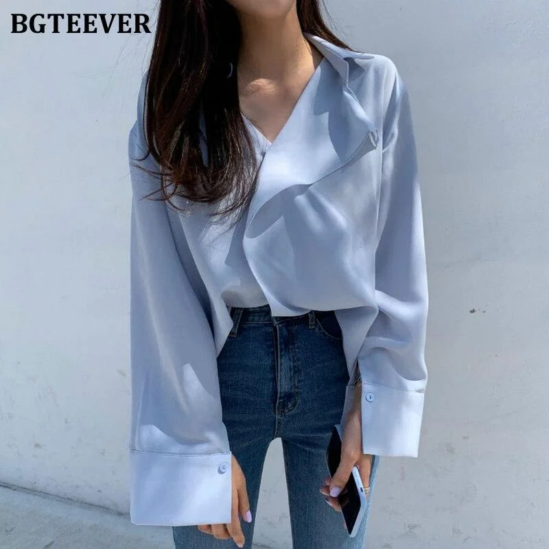 BGTEEVER Elegant Women Ruffles Shirts Casual Ladies V-neck Long Sleeve Blouses Tops  Spring Summer Chiffon Blusas Mujer