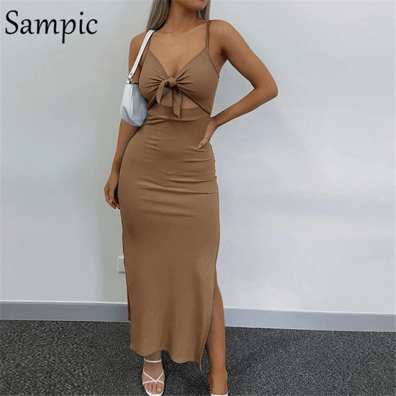 Sampic Sexy Backless Khaki Fashion Women Bandage Hollow Out Long Split Bodycon Dress 2021 Ladies Party Club Knit Cut Out Dress