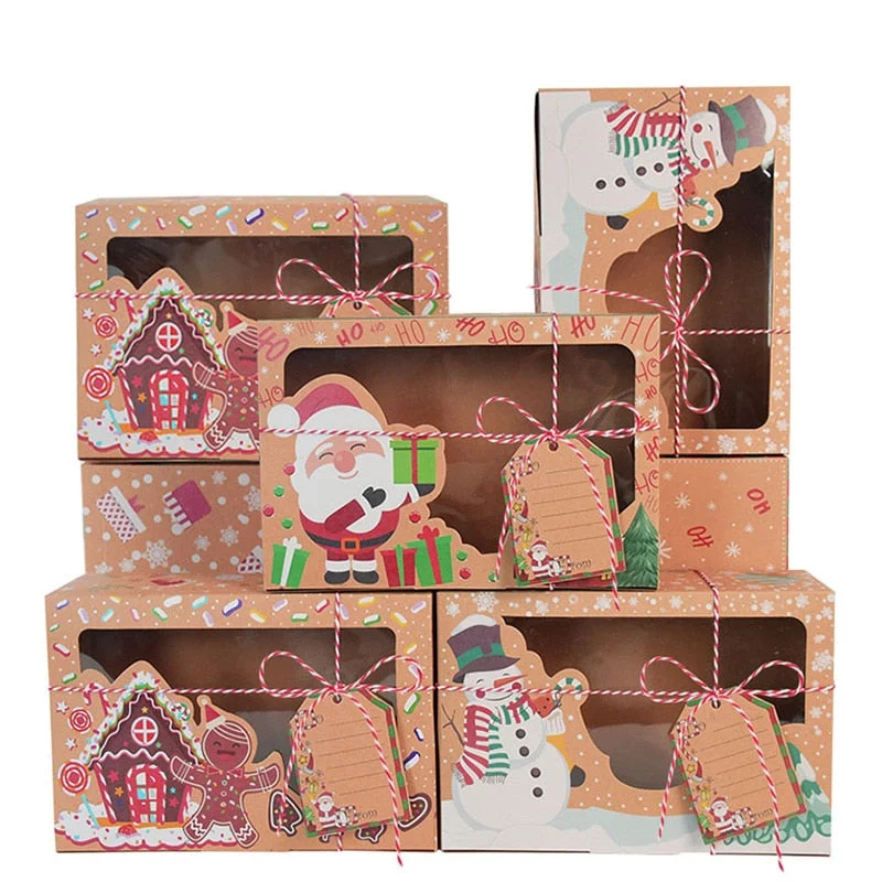 9Pcs Christmas Cookie Box Kraft Paper Candy Gift Boxes Bags Food Packaging Box Christmas Party Kids Gift New Year Navidad 2020