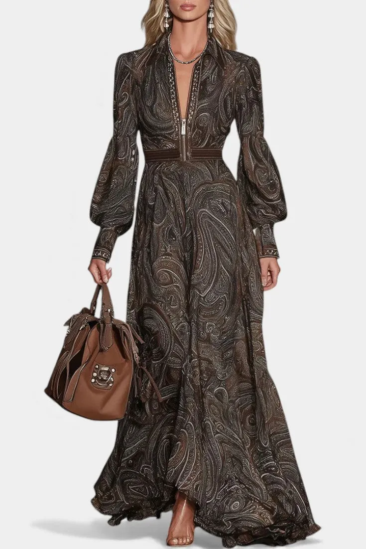 Vintage Paisley Maxi Dress with Zip Front