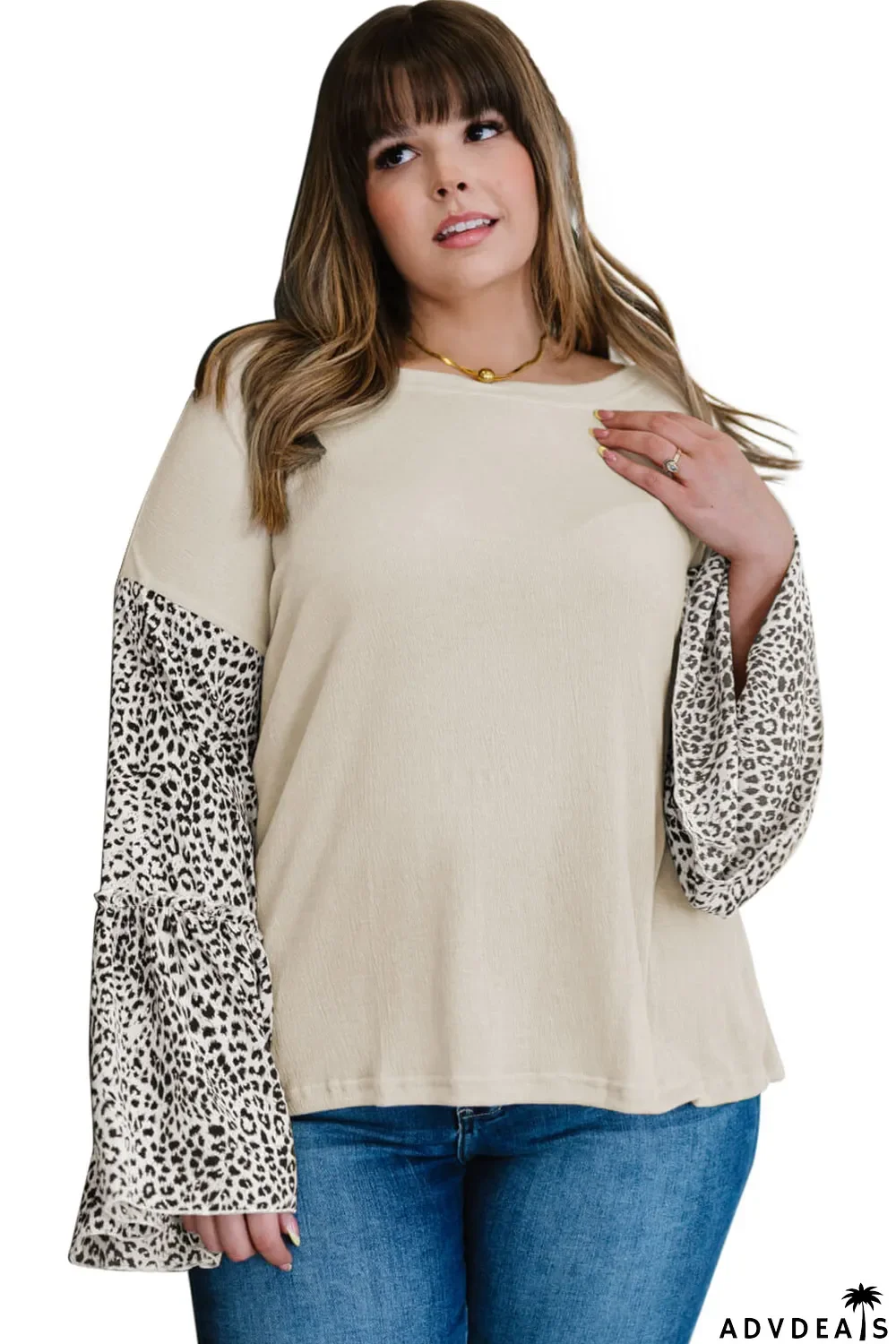 Beige Leopard Bell Sleeve Patchwork Plus Size Top