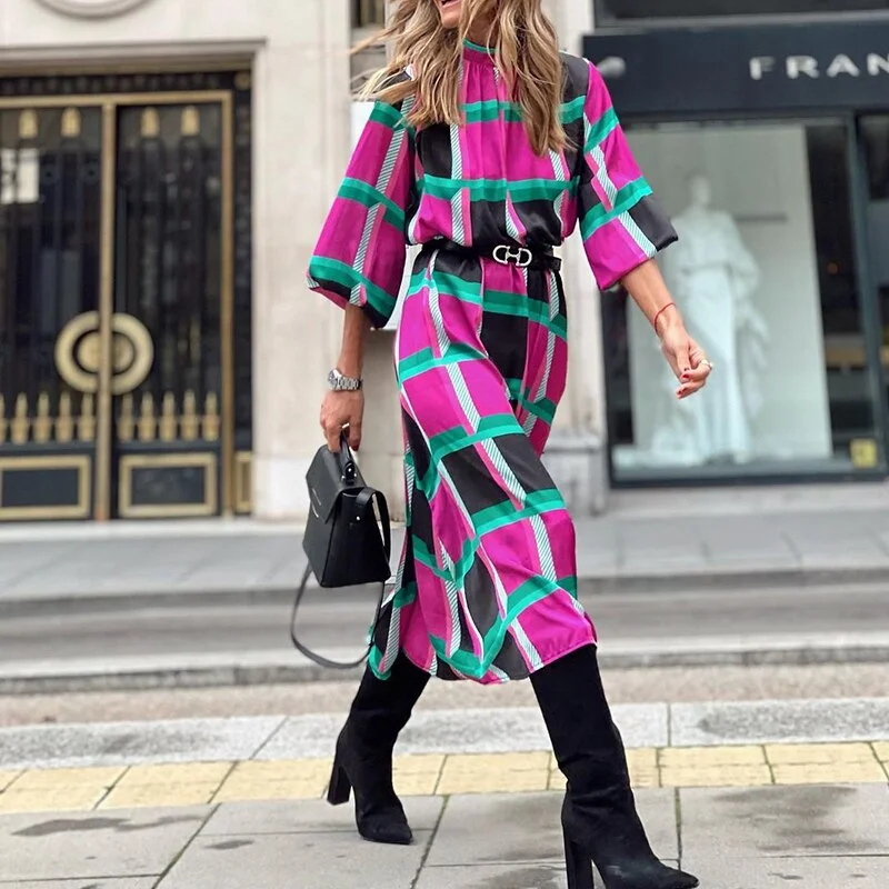 Elegant Half High Neck 3/4 Sleeved Long Dress Retro Pattern Print Loose Women Dress Spring Fall New Fashion Party Dress Vestidos