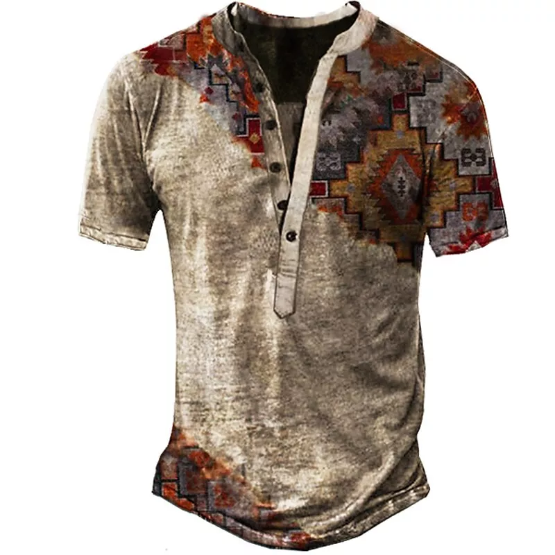  Men's Outdoor Aztec Layered Print Henley T-shirt