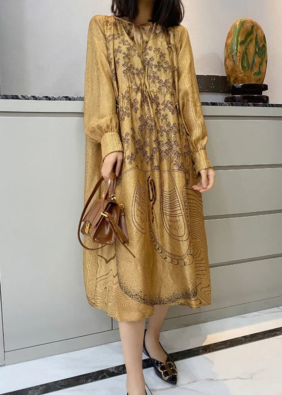 Loose Champagne Color Print Pockets Patchwork Silk Dress Long Sleeve