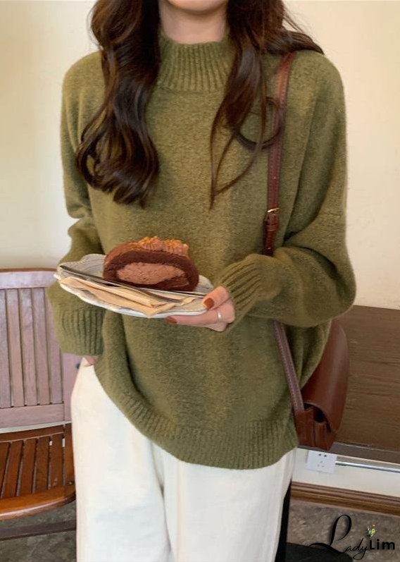 Comfy Fall Green Sweater Tops Plus Size High Neck Knit Blouse