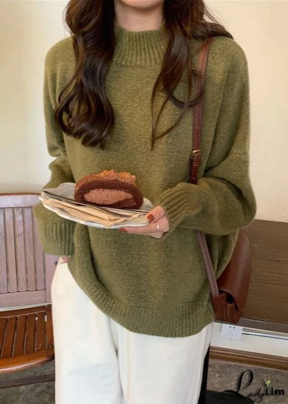 Comfy Fall Green Sweater Tops Plus Size High Neck Knit Blouse