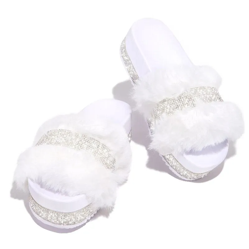 Luxury Designer Women Fur Rhinestone Slippers Platform Wedges Heel Solid Fluffy Furry Slides Outside Sexy Shoes Ladies Sandals