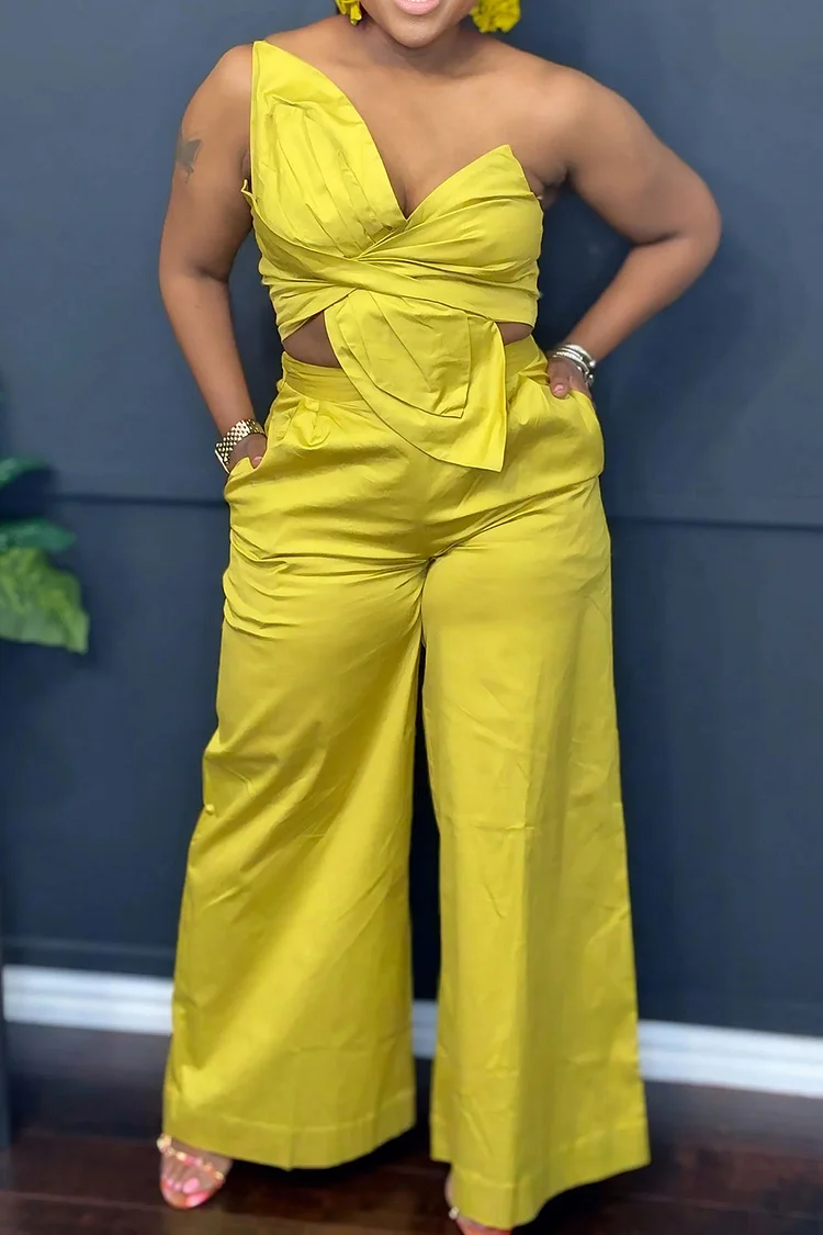 Plus Size Vacation Casual Pink One Shoulder Pocket Wide Leg Two Piece Pant Sets [Pre-Order] 2024 - Xpluswear