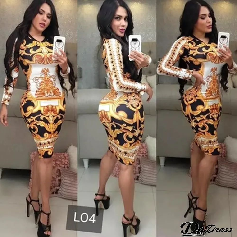 Sexy Printed Long Sleeve Slim Midi Dress