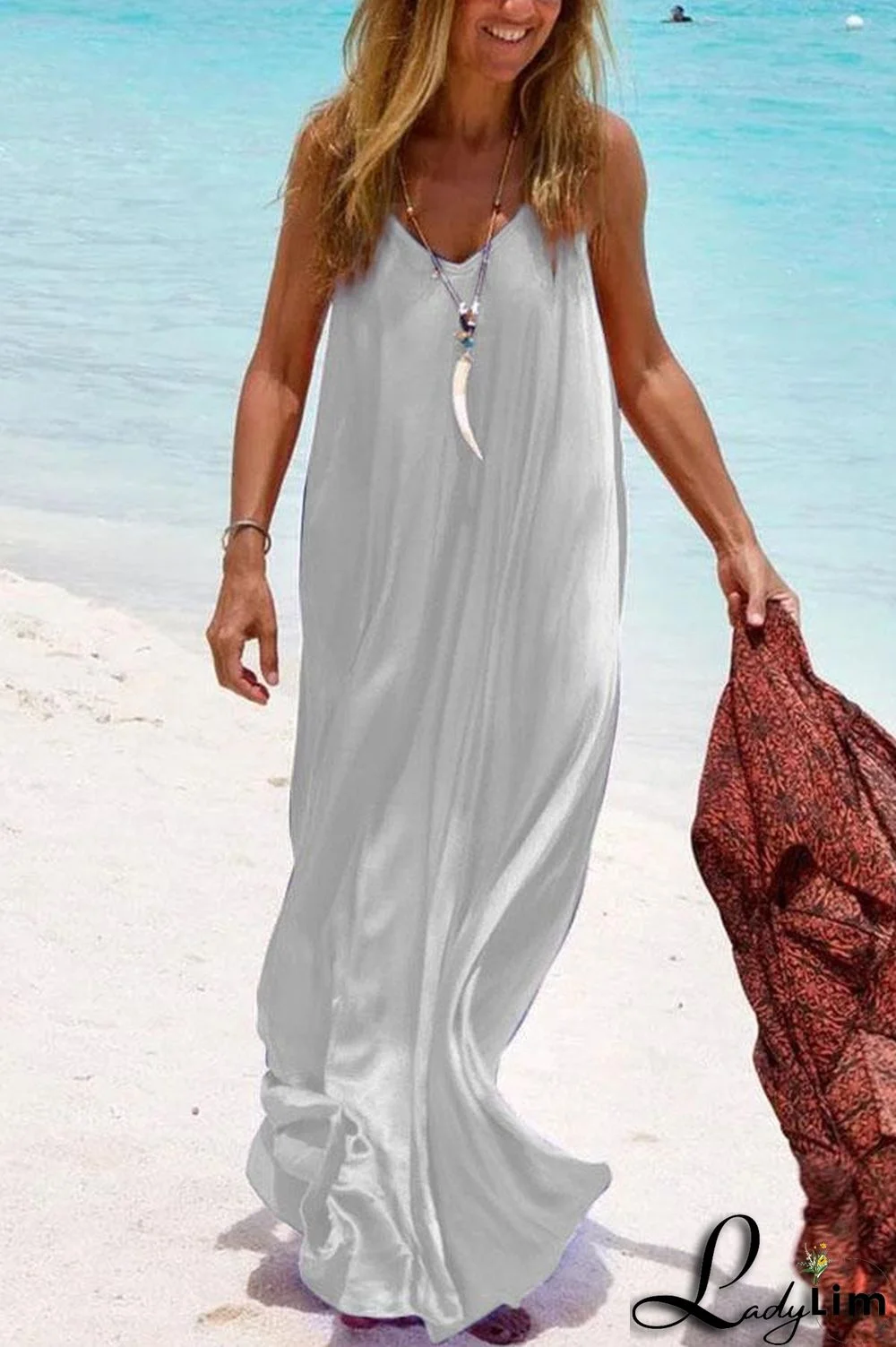 Solid V-neck Sleeveless Casual Sling Maxi Dress