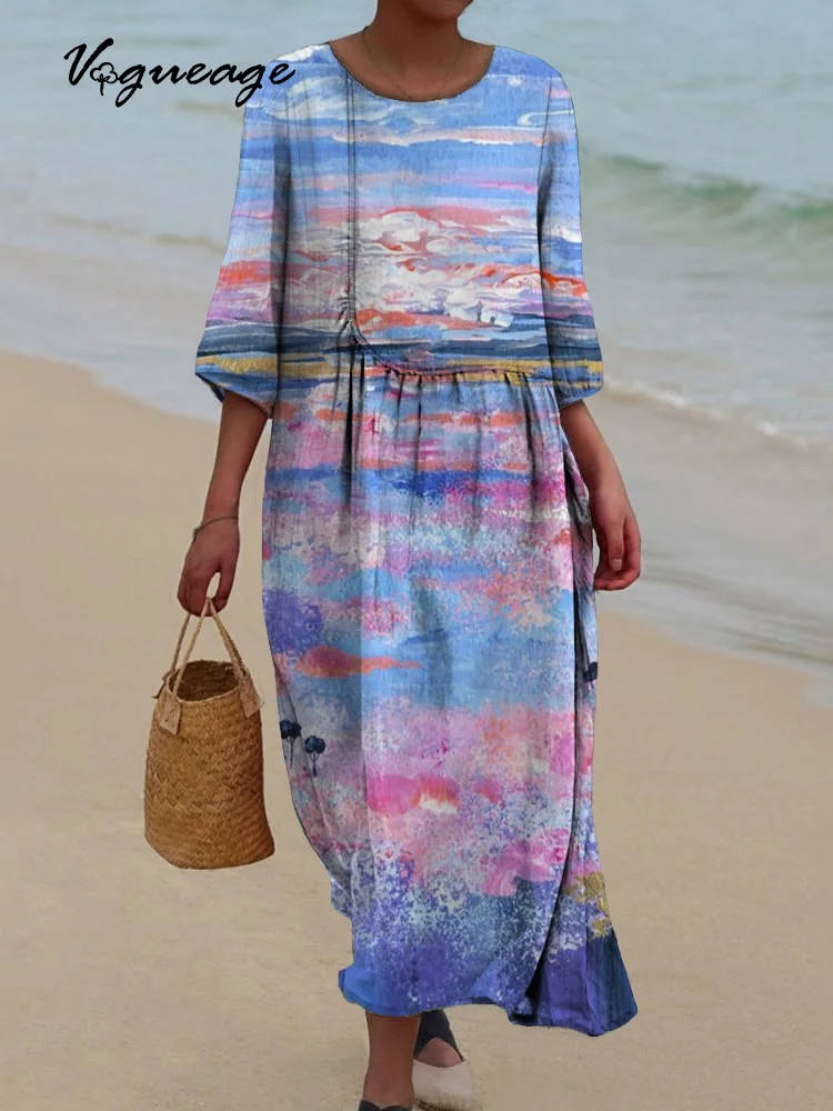 Dreamy And Charming Landscape Printed Women's Casual Cotton And Linen Dress