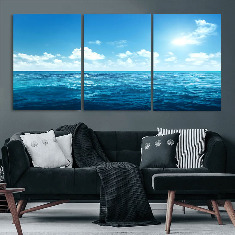 3-Piece Set Blue Ocean Under Bright Clouds Canvas Art