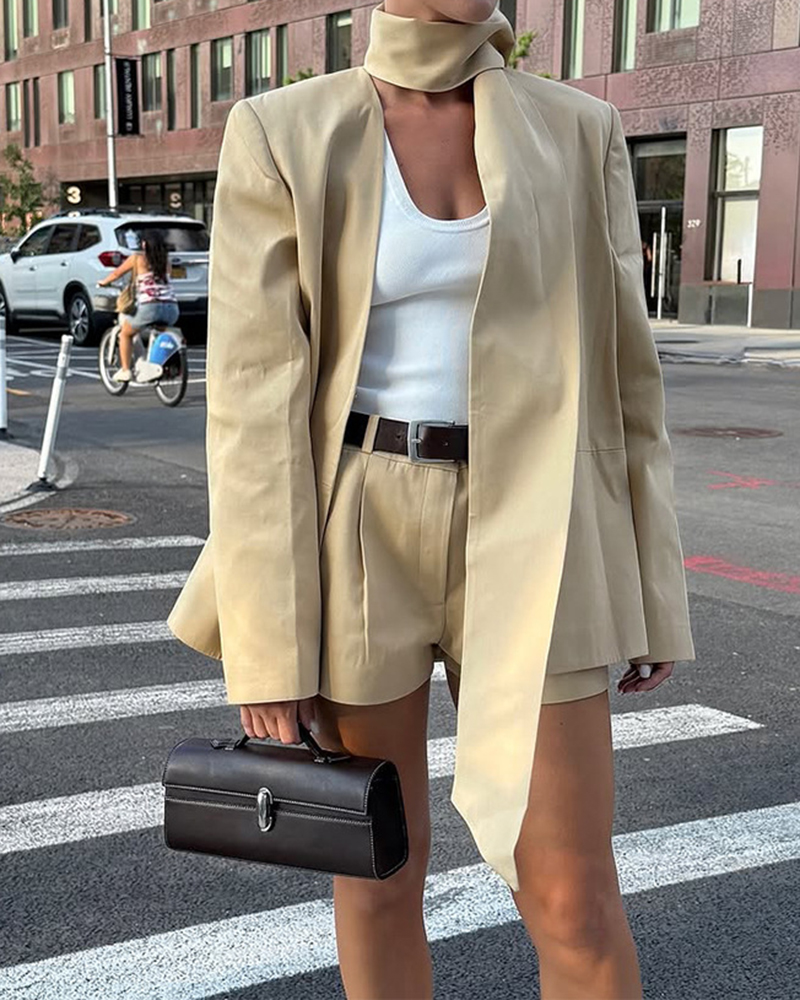 Scarf Detail Long Sleeve Solid Color Oversize Blazer