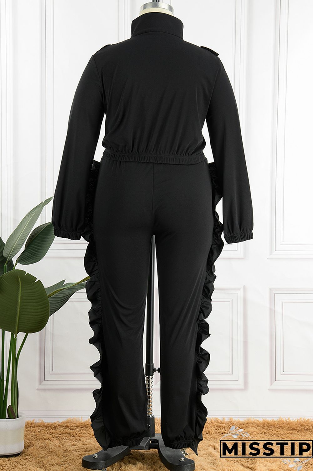 Black Casual Solid Patchwork Zipper Collar Plus Size Two Pieces