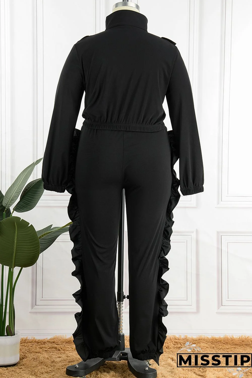 Black Casual Solid Patchwork Zipper Collar Plus Size Two Pieces