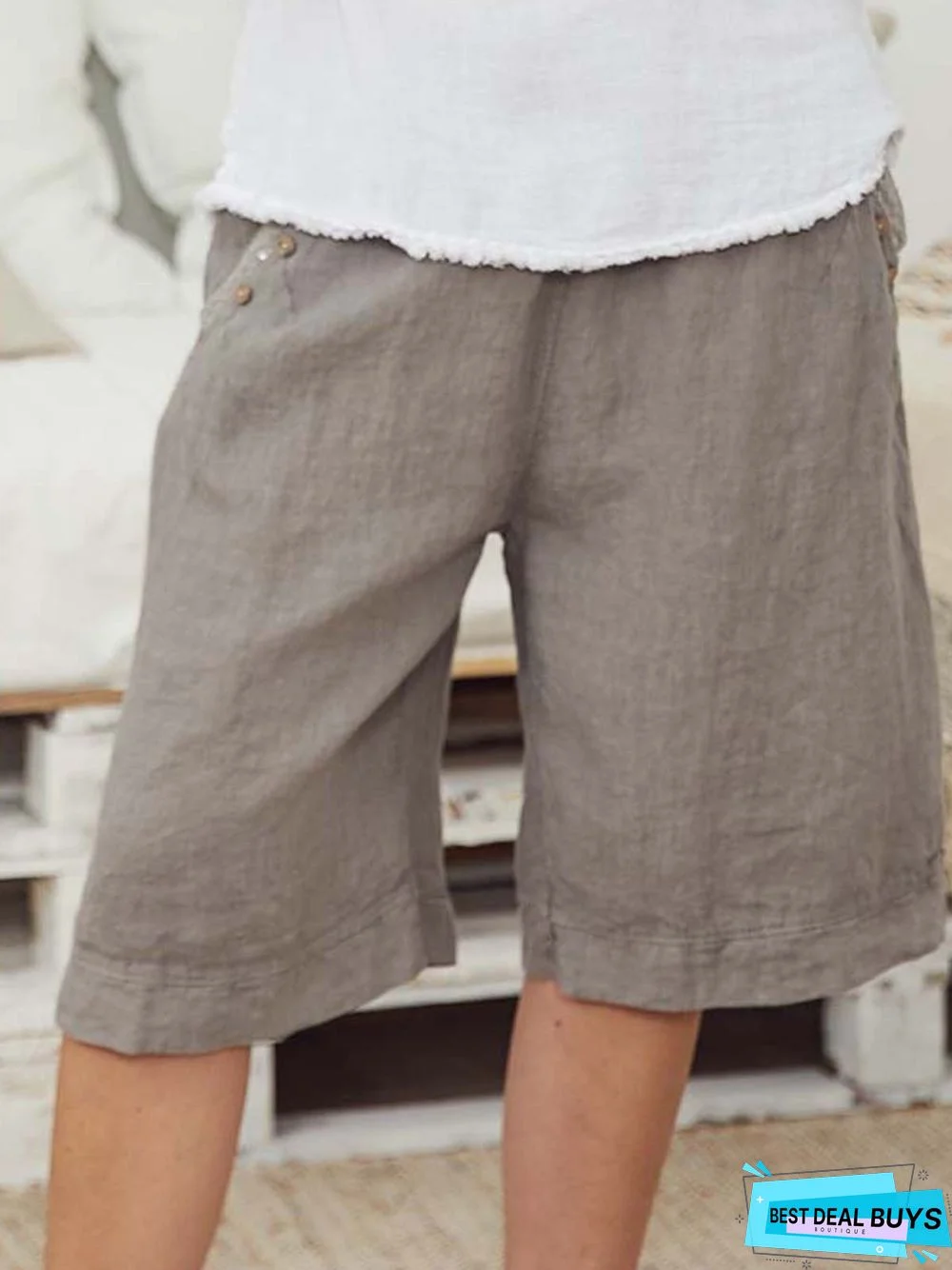 Solid Pockets Shorts Women Buttoned Shorts