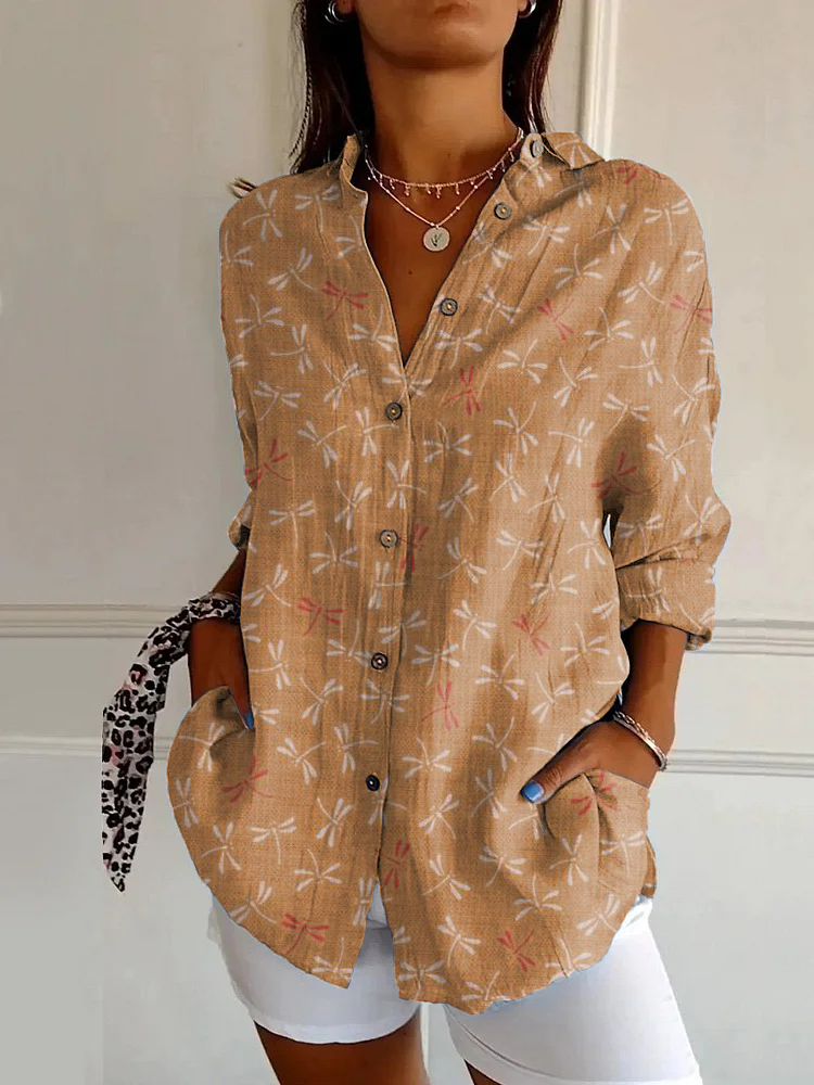 Classic Dragonfly Print Casual Long Sleeve Shirt