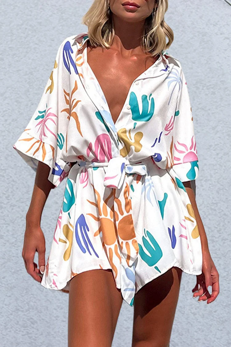 Casual Geometric Print Frenulum Turndown Collar Tops