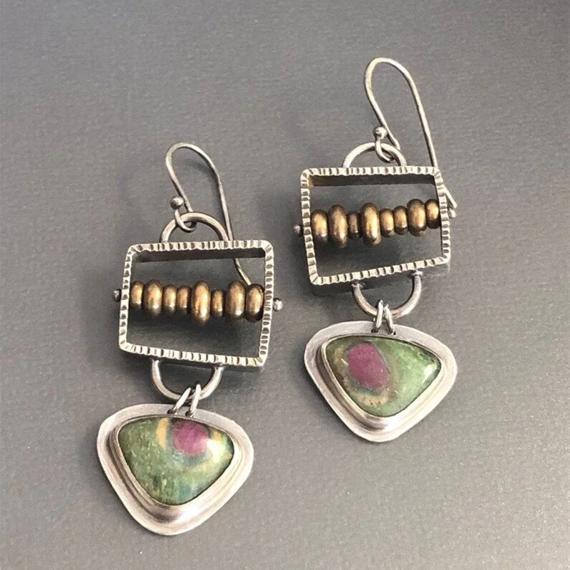 Ethnic Irregular Square Bead Earrings Vintage Boho Hanging Hoop Metal Paste Pattern Earrings for Women