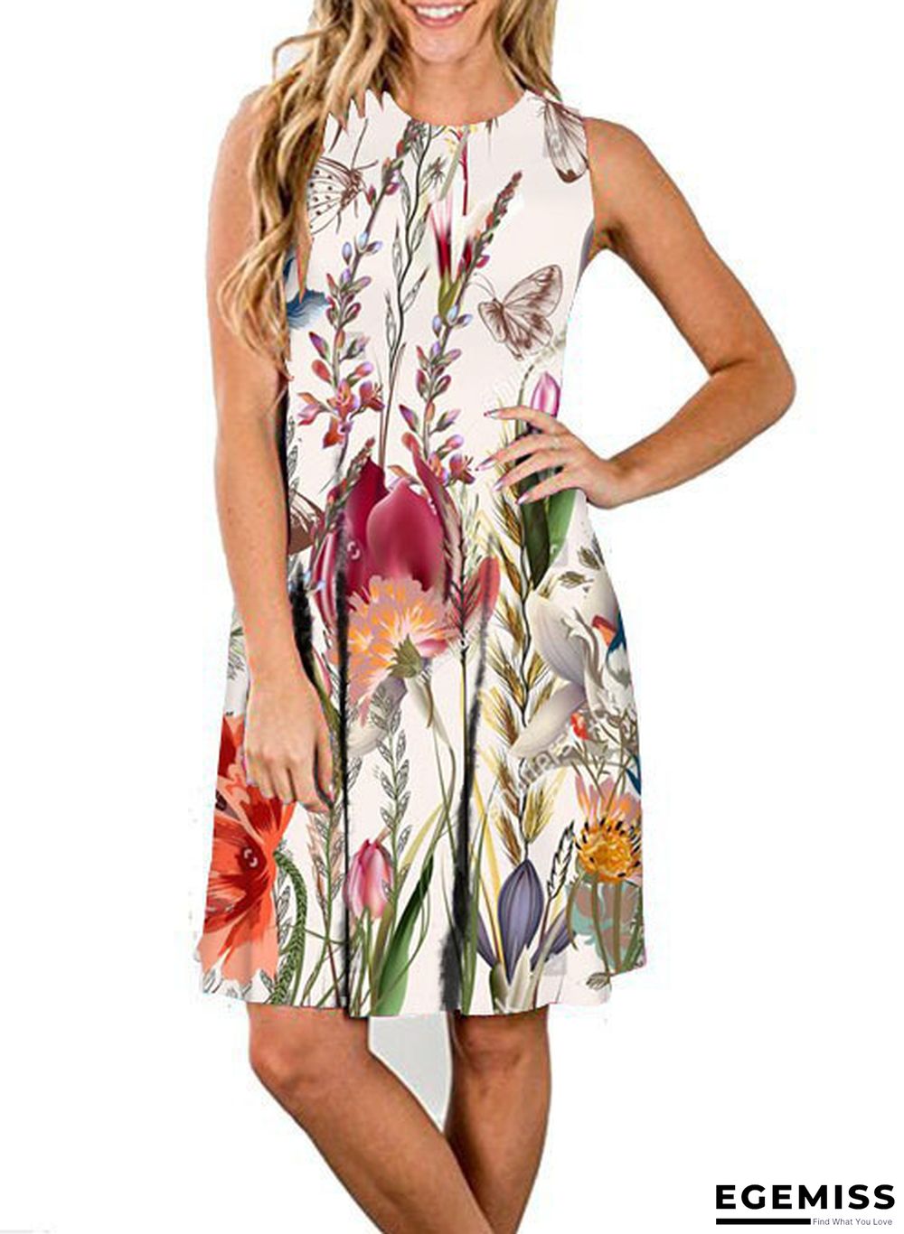 Dress Floral Print Sleeveless Round Neck Loose Dress for Women | EGEMISS