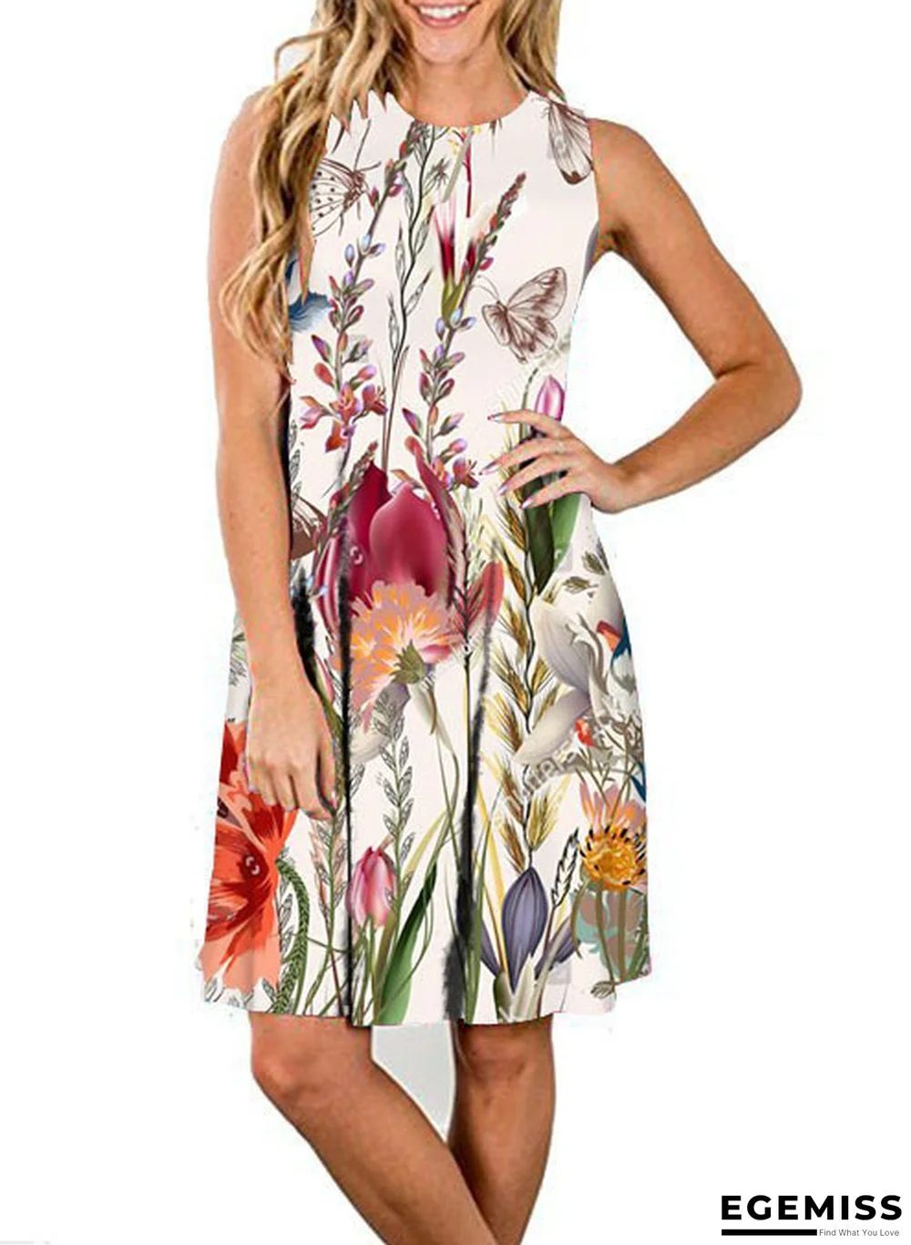 Dress Floral Print Sleeveless Round Neck Loose Dress for Women | EGEMISS
