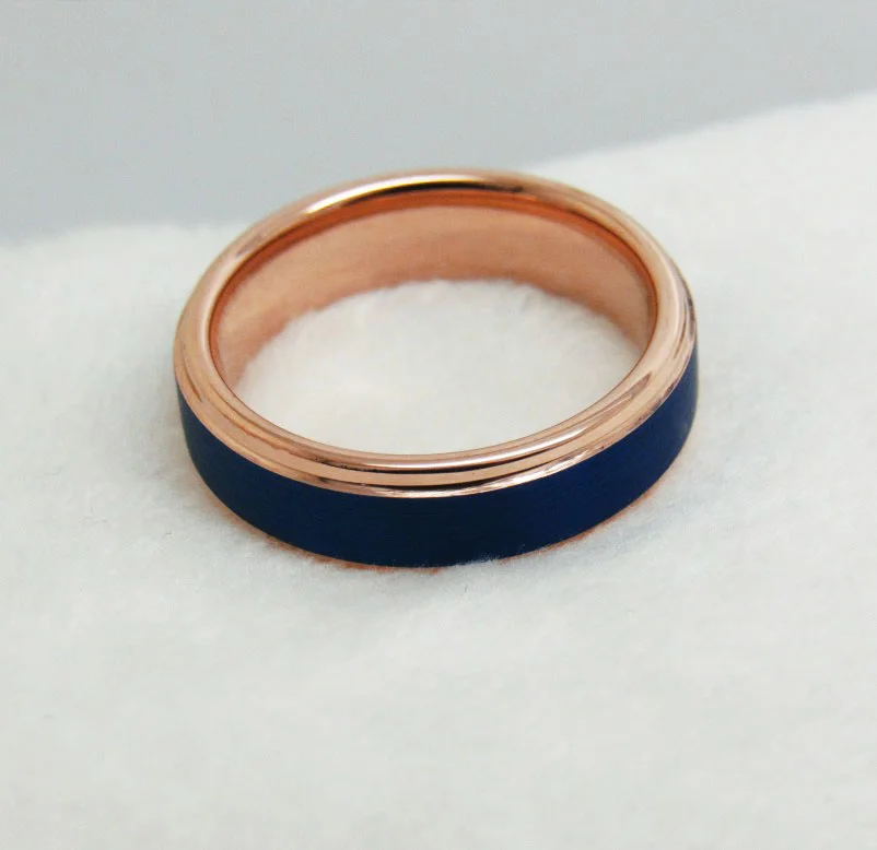 6MM 8MM Tungsten Open Steps Sand Surface Electric Blue Electroplated Rose Gold Men's Wedding Bands