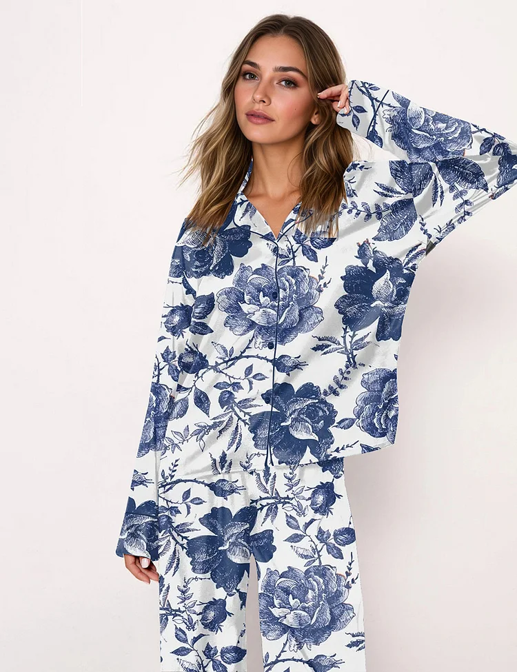 Women's Rose To Fame Blue & White Rose Floral Long Sleeve Pajama Set