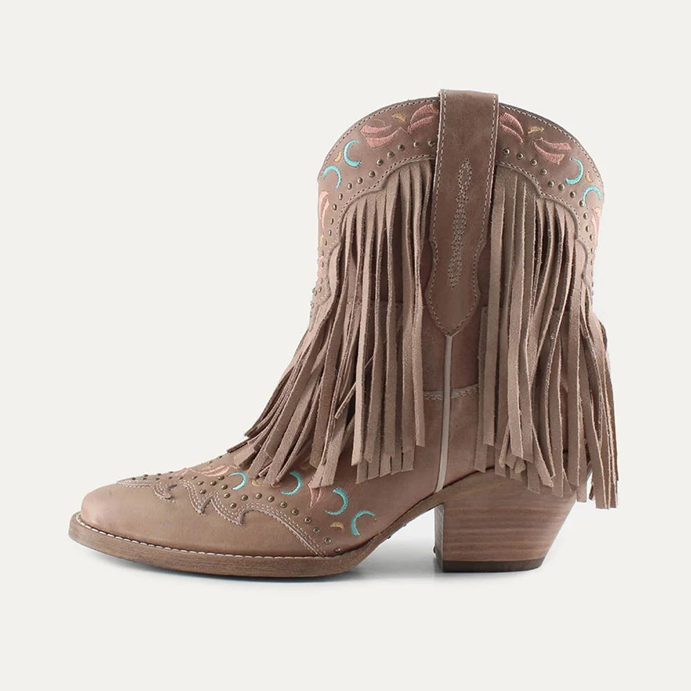 Light Brown Studded Snip Toe Fringe Embroidery Western Boots for Women