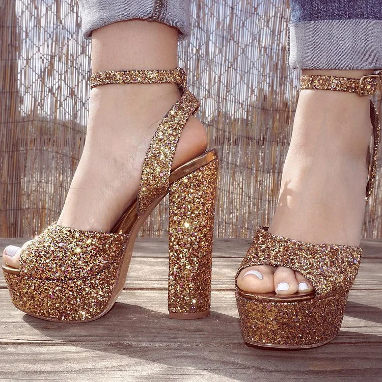 Gold Glitter Shoes Platform Ankle Strap Chunky Heel Sandals |FSJ Shoes